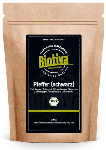Biotiva Pimienta entera orgánica 250 g - granos de pimienta entera en calidad orgánica superior - adecuada para molinos de pimienta - Piper nigrum