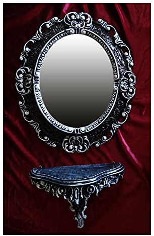 Lnxp Set Schwarz Weiß Wandspiegel + Konsole M OVAL Wandkonsole Barock Antik 44x38 Flur Eingangsmöbel Möbel Konsole Ablage Spiegel Wandregal 45SET