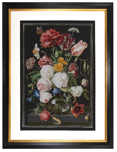 Thea Gouverneur - Counted Cross Stitch Kit - Still Life with Flowers in a Glass Vase - Aida Black - 18 Count - for Adults - DMC Embroidery Threads and Other Cross Stitch Supplies Included - 785.05
