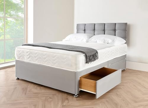 Divan Beds Deals - Grey Suede 3FT Single Divan Bed – 10” Spring Memory Foam Mattress, 20” Cube Headboard & 2 Storage Drawers | Bed & Mattress Set