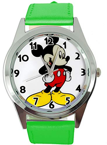 TAPORT® Armbanduhr Analog Quarz mit Echtlederband grün rund für Fan von Micky Maus