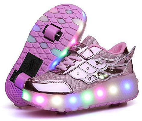 Unisex Kinder LED Licht USB Wiederaufladbar Skateboardschuhe mit Rollen Drucktaste Einstellbare Rollerblades Inline Skates Outdoor Sport Fitnessschuhe Gymnastik Running Sneaker für Jungen Mädchen