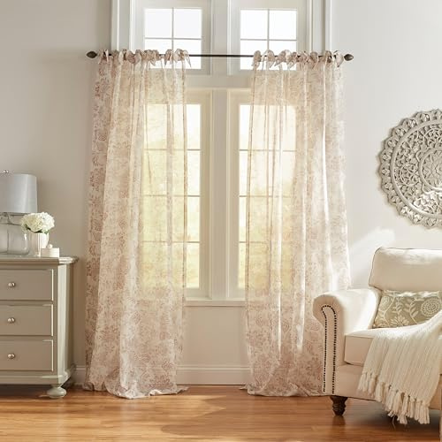 Elrene Home Fashions Floral Cottagecore Tie-Top Sheer Window Curtain Panel, Poly-Linen Blend, Flax, 52 W x 84 L (Pack of 1)