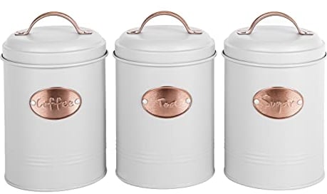 Novel Solutions Retro Round Tea, Sugar, Coffee Canisters 3pc Set with Lids. Decorative Kitchen Food Storage Tin for your favorite Tea bags, Sugar cubes and Coffee beans or powder.