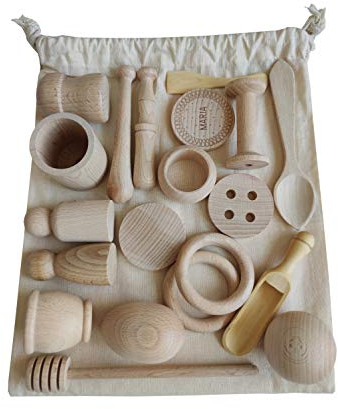 GERILEO Cesto de los Tesoros Montessori - 20 Piezas - Juego Heurístico - Juego de Accesorios Pequeños de Cocina de Madera con Bolsa de Tela - Utensilios - Cesto Sensorial (Bolsa+20 Piezas)