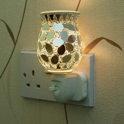 Plug-In Glass Mosaic Silver Tulip Petal Aroma Lamp Wax Melt Oil Burner Warmer 14cm