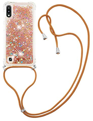 MRSTER Handykette Kompatibel mit Samsung Galaxy A10, Glitzer Flüssig Bewegende Treibsand Handyhülle mit Necklace mask Lanyard Schutzhülle für Samsung Galaxy A10. LP Love Gold