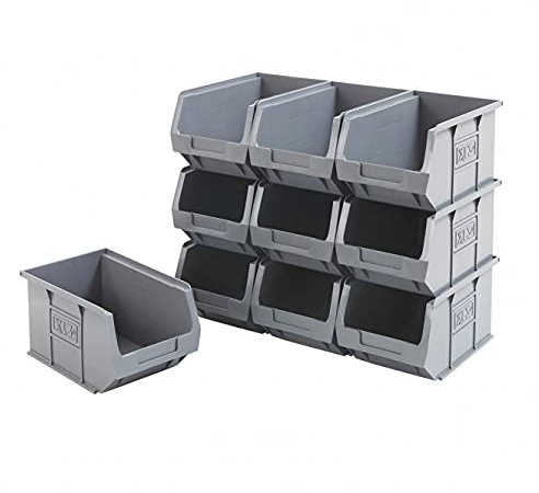 BiGDUG Plastic Parts Bins - Stackable or Wall Mounted Storage Boxes Garage Organiser - Pack of 10 - 125H x 150W x 240D mm - Grey