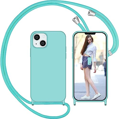 Nupcknn Coque avec Cordon pour iPhone 13, Liquide Silicone Coque Collier Réglable Téléphone Étui Portable Lanyard Case Protection Complète Cover de iPhone 13(Bleu Glacier)
