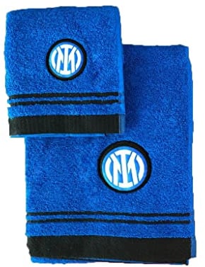 Inter, Set 2 Asciugamani Bagno In Spugna Di Cotone con Logo, Asciugamano Viso + Asciugamano Bidet, 100% Cotone, 60x100 - 40x60, Nero Azzurro, Prodotto Ufficiale