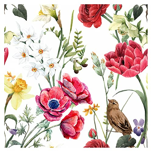 murando - Tapete selbstklebend 10m Wandtattoo dekorative Möbelfolie Dekorfolie Fotofolie Panel Wandaufkleber Wandposter Wandsticker - Vogel Blätter Mohnblumen wie gemalt b-B-10044-j-a