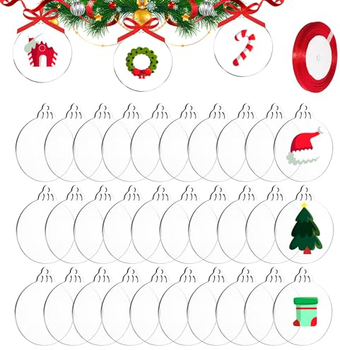 DARENYI 30 Stück Acryl Transparent Weihnachtskugeln 7.6cm Acrylscheibe Weihnachtskugel Christbaumkugeln zum Christmas Acryl Christbaumschmuck Weihnachtskugeln zum Bemalen für Weihnachtsdeko