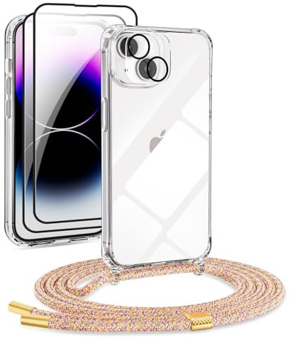 DiDaDi [5 in 1 Handykette Set für iPhone 14 Hülle mit Band+Transparent Schutzhülle+Schutzfolie+kameraschutz Glas, Abnehmbar Necklace Stylische Handyhülle zum Umhängen Kordel Case (Rainbow)