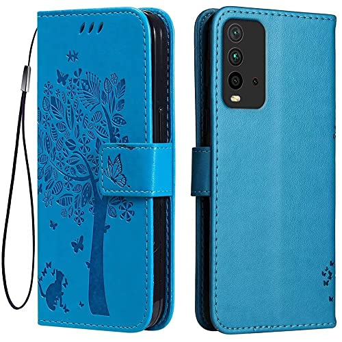 Topme Étui en Cuir pour Redmi 9T (4G) (6.53 inches), [ Coque Housse de Téléphone Style Motif Chat Et Arbre] - Bleu