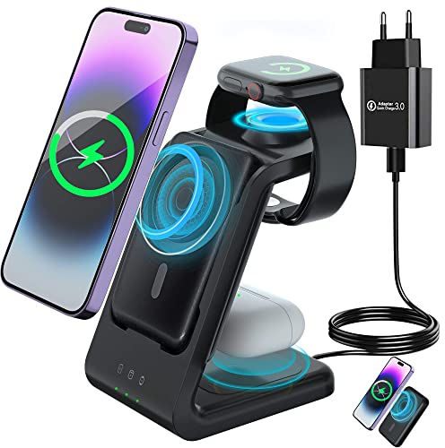 Caricabatterie wireless magnetico 3 in 1 per iPhone, Apple Watch e AirPods | MagSafe | Power bank rimovibile da 5000mAh | Ideale per gli appassionati di Apple in Italia con 10 anni di esperienza