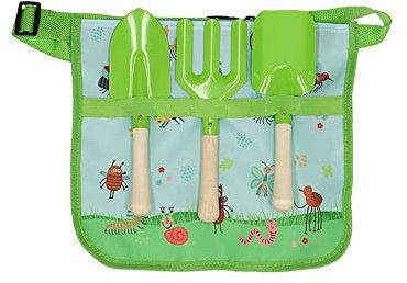 Rivanto® Kinder Gartengerätegürtel Insekten inkl. Gartenwerkzeug aus Eisen mit Kiefernholzgriff, Gerätegürtel für Mädchen und Jungen
