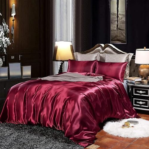 Homewish Hotel Burgundy Duvet Cover Double Silk Like Satin Bedding Set Adult Reversible Quilt Comforter Cover Honeymoon Sexy Luxury Soft Lightweight Brushed Bedspread For Farmhouse Room Decor
