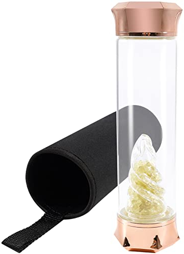 Soulnioi Crystal Glass Water Bottle Crystal, Drinking Flask Ice Cream Glass Protective Cover with Crushed Stones Removable Portable Proof Leak Gemstone Bottle Creative Gift- Rose Gold/500ML