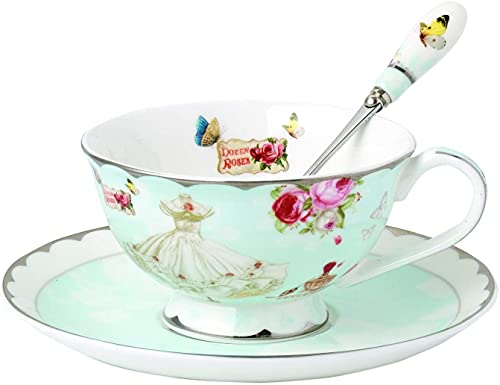 KBEAZY Juego de taza y platillo estilo europeo de cerámica de porcelana china para el hogar, cocina, boda, rosa y vestido (estilo I)