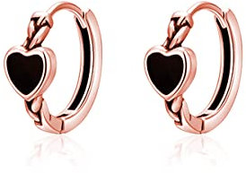 SLUYNZ 925 Sterling Silver Black Heart Hoop Earrings for Women Heart Huggie Earrings Hoop (C-Rose Gold Plated)