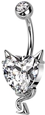 beyoutifulthings Bauch-nabelpiercing Zirkonia Teufel-Herz Silber Clear Nabel-Piercing Chirurgenstahl Bananabell Stab-länge 10-mm