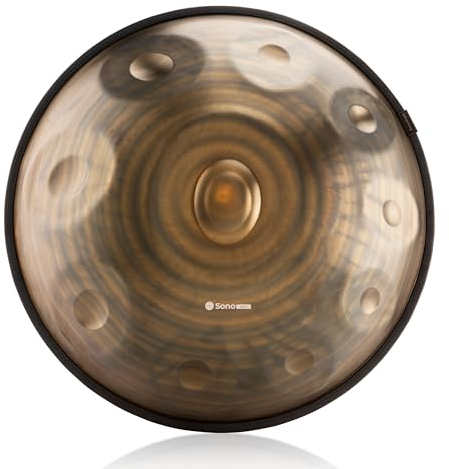 Sonodrum Handpan aus Edelstahl in Braun - 10 Töne gestimmt in D-Kurd (D Moll), in 440 Hz. Sonopan inkl. zubehör: Liederbuch und Tragetasche. Percussion Instrument für Meditation, Yoga und Entspannung.