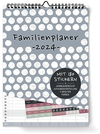Familienplaner 2024 6 Spalten Wandkalender | DIN A3 I Zum Aufhängen in der Küche |Familienkalender & Sticker, Ferientermine, Jahresübersicht, extra Seite für Urlaubsplanung…