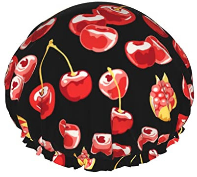 Beautiful Cherries Shower Caps for Women Reusable Waterproof Shower Bath Cap Double bLayers Elastic Shower Bath Hat with Soft Comfortable Peva Lining Hair Cap for Shower
