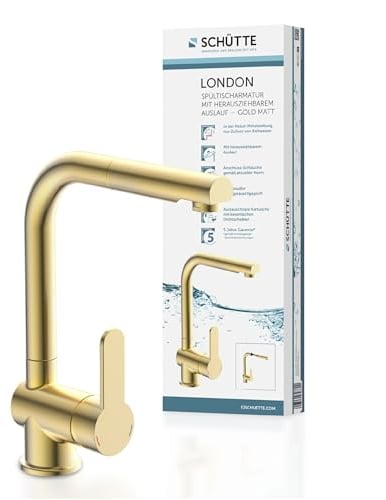 SCHÜTTE 79770 London Küchenarmatur mit ausziehbarer Geschirrbrause, 360 Grad schwenkbarer Wasserhahn für die Küche, Mischbatterie mit Einhebelmischer, Spültischarmatur in Gold