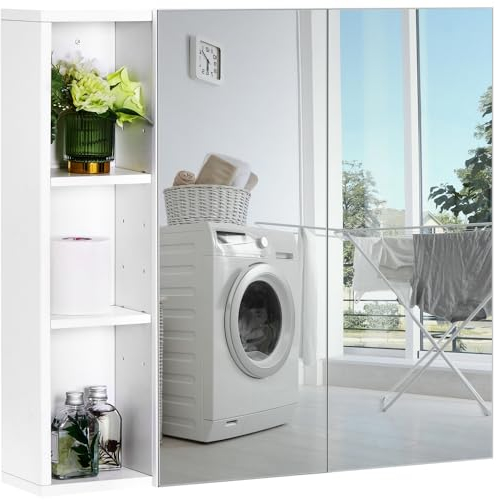 Yaheetech Specchio Contenitore Bagno con 2 Porte 3 Scomparti Laterali Ripiano Regolabile Salvaspazio Bianco 70 x 65 x 15 cm Armadietto Bagno Mobiletto Specchiera da Parete per Soggiorno Cucina