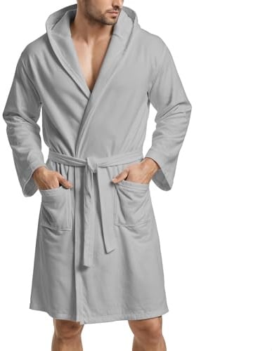 PETTI Artigiani Italiani Microfibre Bathrobe Men Women with Hood, Pockets, Belt, Unisex Quick Drying for Gym, Pool, Beach, Spa, Grey, 5XL