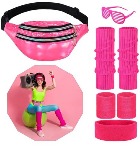 DLJKJ 80er Jahre Outfit Damen, Karneval Kostüm Damen Accessoires mit Bauchtasche, Stirnband, Beinwärmer, Armbänder und Brille für Karneval Neon 80 Jahre Party Outfit Damen
