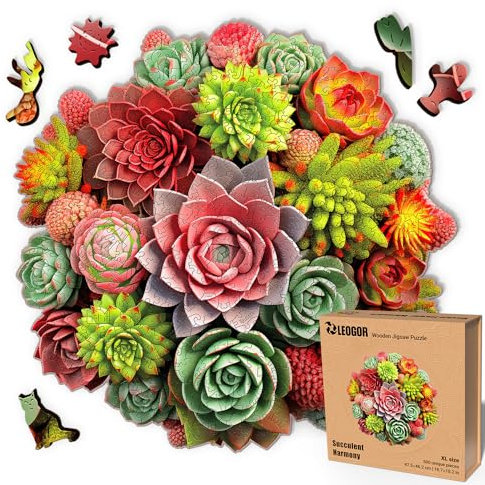 LEOGOR Holzpuzzle Erwachsene 500 Teile (47,5 × 46,2 cm), Sukkulenten Mosaik Holzpuzzle, extra dickes 5 mm Holz, rundes Pflanzenmotiv mit einzigartigen Formen, Premium Geschenkidee für Puzzle-Liebhaber