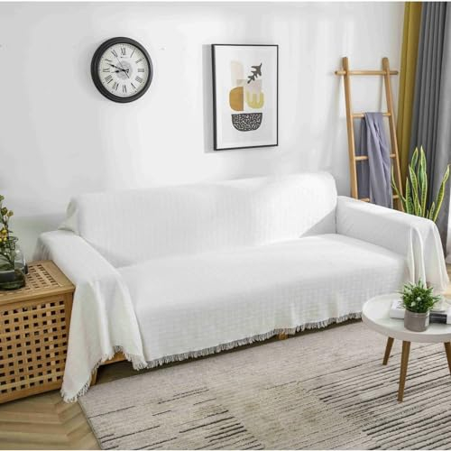 Ayoiow Sofahusse Wasserfest Sofabezug Weiß Bezug Sofa 1 Sitzer Gemischt Gitterstrukturiert Mit Quaste