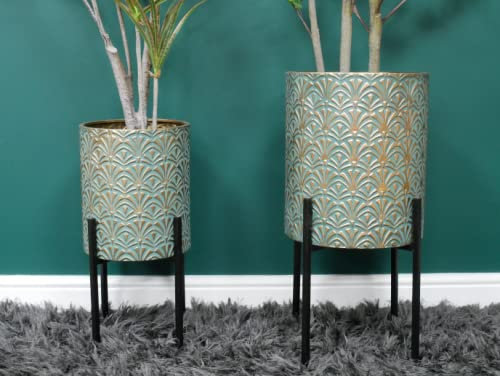 Large Gold Teal Metal House Plant Flower Pot on Stand Legs Indoor Planter Decor (Large)