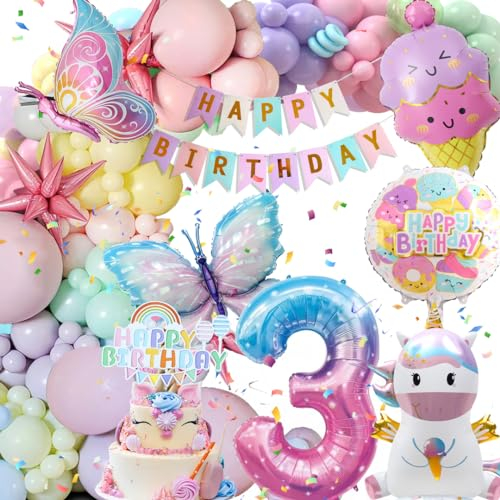 3 Jahre Geburtstagsdeko Mädchen, Deko Luftballons Kindergeburtstag, Einhorn Kindergeburtstag Deko, 3 Jahre Happy Birthday Deko, Einhorn Schmetterling Folienballon Geburtstag Deko für 3 Jahre Mädchen