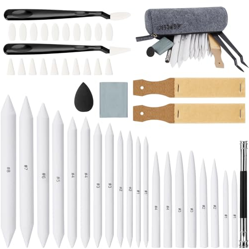 AGPTEK 48 PCS Sketch Drawing Tools, 20 Blending Stümpfe Set mit 2 Sandpapier Bleistiftspitzer, Bleistiftverlängerung, Radiergummis, 20 Schwamm Ersatz Köpfe & 1 Filz Tasche für Skizze Zeichnung Zubehör