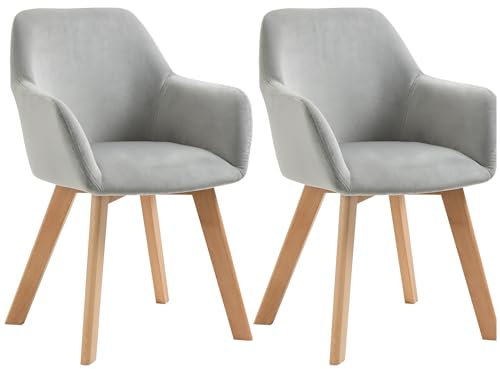 HOMCOM Lot de 2 chaises de Salle à Manger Chaise de Cuisine Assise rembourrée en Tissu Effet Velours Pieds en Bois pour Cuisine Salon Chambre Bureau, Gris