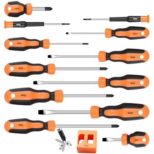 Sinoer Set di Cacciaviti Magnetici 13 Pezzi, 6 Phillips e 6 Punte a Testa Piatta, Acciaio al Vanadio al Cromo, Set di Cacciaviti con Strumento Demagnetizzatore del Magnetizzatore