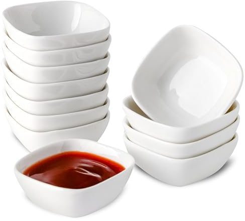 UIBFCWN Juego de 12 Cuencos para Salsa, 7,3 x 7,3 x 3cm, Aperitivos, Sushi, Porcelana para Salsas de Soja, Mini para Charcutería, Cuadrados