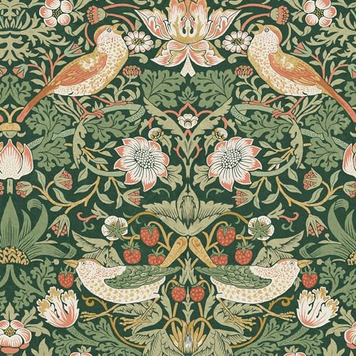Papier Peint intissé William Morris Strawberry Thief Rich Green 1005 x 52cm Vert | Revêtement Mural, Tapisserie | Ambiance Facile à Poser et à Enlever