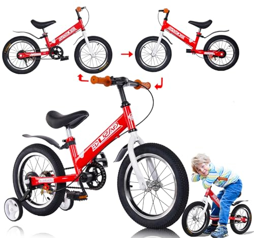 GHBXJX 3 in 1 Laufrad Kinder Fahrrad mit Stützrädern ab 3 Jahre 4 5 6 7 Jahre, Laufrad 14 Zoll Mädchen Junge, Kinder Fahrrad mit Stützräder und Seitenständer, Höhenverstellbar Luftreifen,Rot