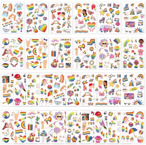 32 Blatt/480+ stk Gay-Pride-Aufkleber, Regenbogen-Aufkleber für Queer Trans Bi Lesben LGBTQ-Zubehör für Laptop Auto Helm Wasserflasche Skateboard Party-Dekoration
