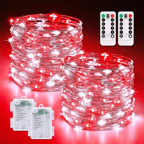 JMEXSUSS 2 Pack Red and White Fairy Lights Battery Operated, Total 200LED 66ft Red and White Christmas Lights with Remote, 8 Modes Battery Powered Twinkle Lights for Bedroom Christmas Tree Decor