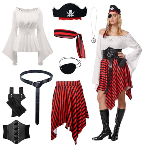 OPAEHJF Lot de 9 costumes de pirate pour femme - Robe d'Halloween - Robe - Bandana - Corset - Ceinture - Cache-œil - Corset Renaissance - Costume de pirate - Costume de cosplay