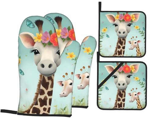 Ofenhandschuhe und Topflappen 4er Set Tiere Blumen Ofenhandschuhe mit Umhängeband Ofenhandschuh für die Küche Hitzebeständige Topflappen Grillhandschuhe zum Kochen Backen