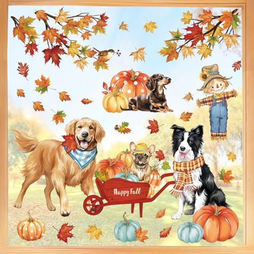 wondever Fenstersticker Herbst Ahornblätter Kürbis Fenster Aufkleber Erntedankfest Hunde Welpen Vogelscheuche Fensterbilder Fensteraufkleber Anti-Kollision Doppelseitig Glasaufkleber Glas Deko