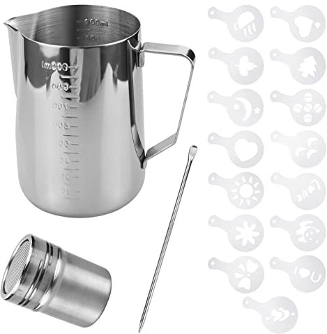 Milk Jug 900ml,Milk Jug for Coffee Machine, Pull Flower Moldan and Latte Art Pen Stainless Steel Milk Frothing Pitcher, for Hot Chocolate Cappuccino Coffee Latte Frothing Milk Art Maker