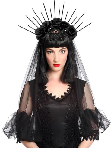 XINCHI Halloween Kostüm Damen Krone Stirnband Sonnengott Cosplay Kopfschmuck Kranz Haarband Rose Blumen Stirnbänder Witwen Haarreif Schwarz Schleier Deko Haarschmuck Fasching Kostümzubehör
