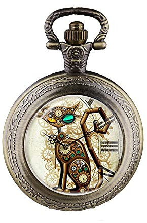 YKMYXZ taschenuhr kostüm， Vintage Steampunk Katze Medaillon Halskette Taschenuhr Anhänger Geschenk(Bronze)